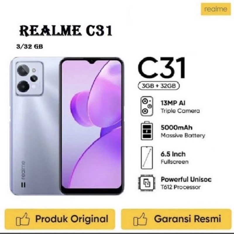 Realme C31 3/32GB, 4/64GB (Powerfull Unisoc T612 Processor) Garansi 1tahun