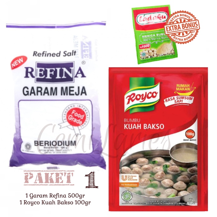 

Paket Garam Refina 500gr + Royco Bakso 100gr + Bonus Ladaku - Baksoo 1 2