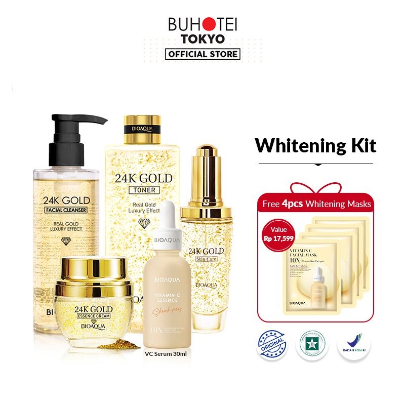BUHOTEI Bioaqua 24K Gold Skin Care BPOM Skincare Paket Lengkap Whitening dan Brightening Essence Cream Skin Barrier & Gentle Cleanser & Exfoliating Toner & Hydrating Serum Skincare Untuk Kulit Berminyak Acnes Menghilangkan Bekas Jerawat Oil Control-BA-Whitening Kit