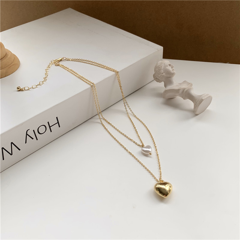 Kalung Rantai Klavikula Hias Liontin Hati Ganda Lapis Emas Gaya Retro Korea Untuk Wanita