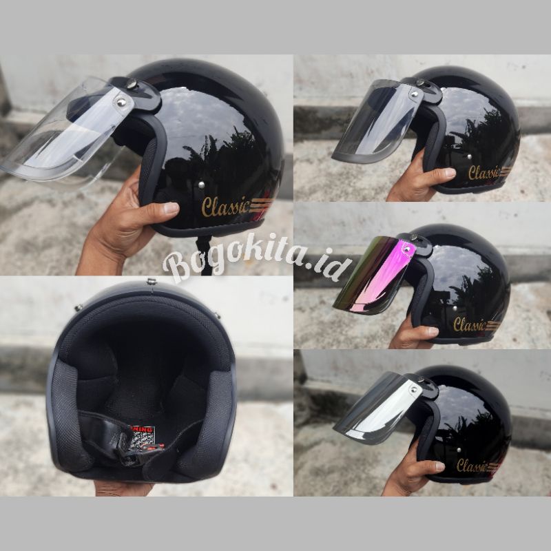 HELM BOGO GARIS CLASSIC HITAM GLOSSY KACA DATAR SNI