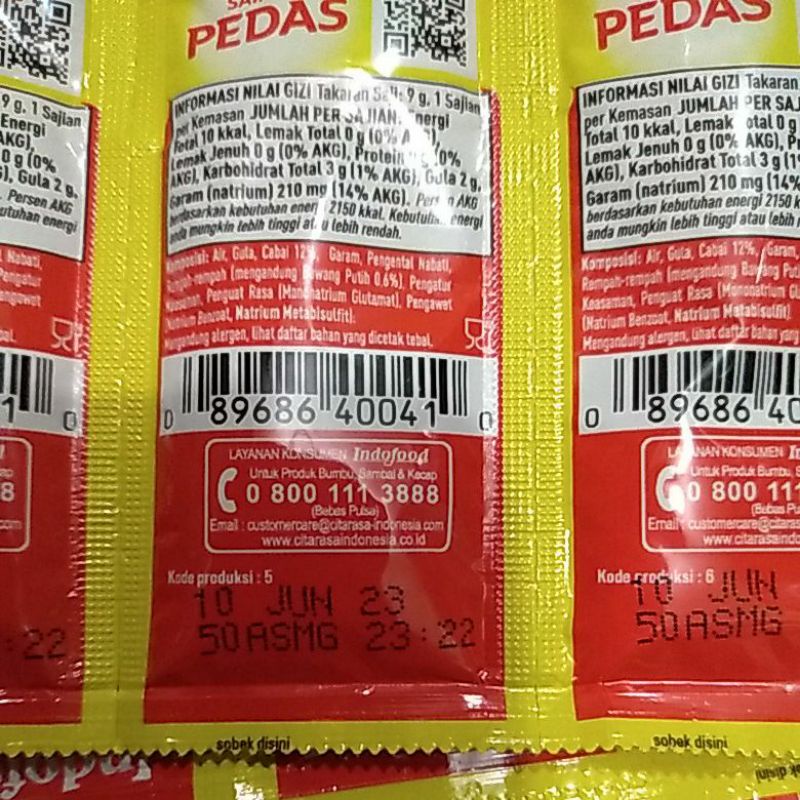 Indofood sambal pedas saos pedas 1 renceng ( 36 sachet x 9gr)