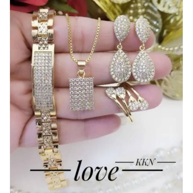 TERMURAH Set Perhiasan Xuping Lapis Emas Gelang Cincin Anting Kalung Berlian Mewah Titanium Gold