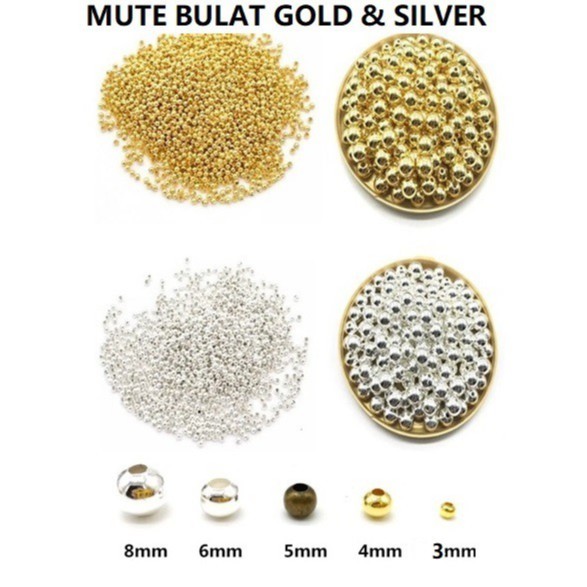Mote bulat gold &amp; silver uk.3mm-8mm /pon