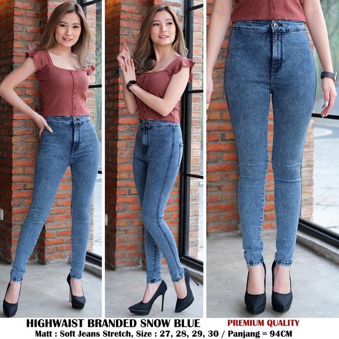 Highwaist Jeans Branded Snow Acid Plain Wash . Hw Jeans Polos Acid Snow . Celana High Waist Snow