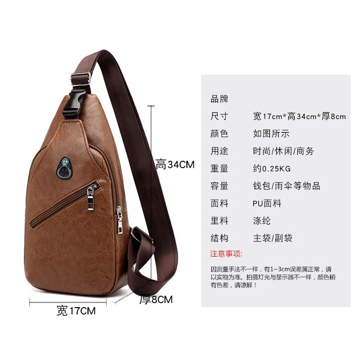 Tas Selempang Pria Kulit Import USB Port Chest bag Sling Bag