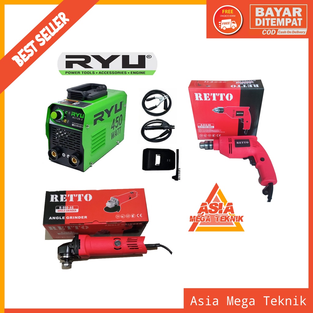 PAKET Hemat 3 ITEM Mesin Las 450 Watt RYU 120a Trafo Travo Las + Mesin Gerinda 4 inch + Bor Retto 10