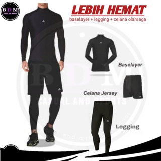 Set 3 in 1 legging leging olahraga + manset lengan panjang + celana olahraga pria wanita stelan baju olahraga volly futsal sepak bola kiper