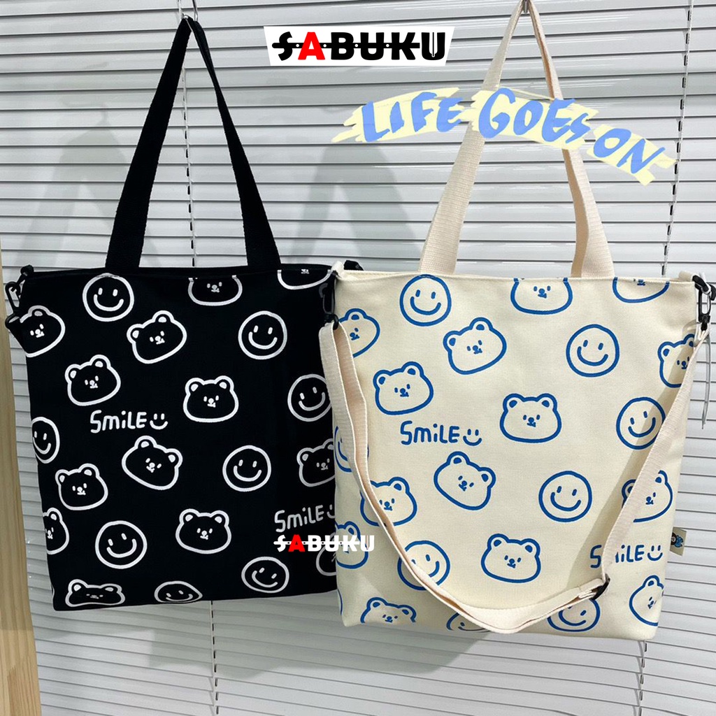 Tas Totebag SMILE Tas Selempang Sekolah Totebag Fashion Wanita Bahan Kanvas Premium -252