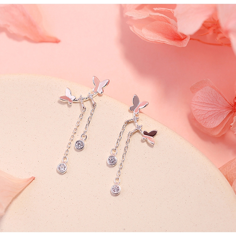 Anting Rumbai Desain Double Butterfly Bahan 925 Sterling Silver Gaya Korea