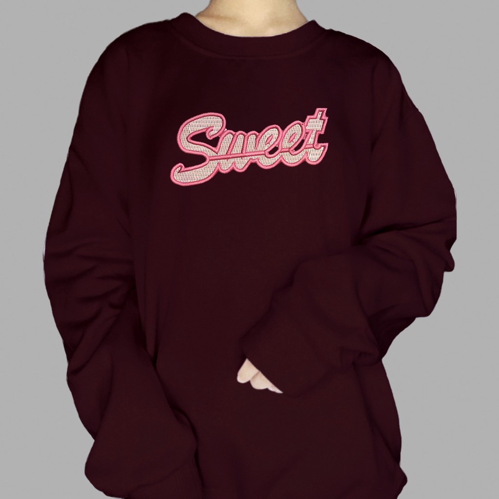 SWEATER CREWNECK BORDIR CASUAL WANITA SWEET PINK FLEECE TEBAL HALUS MURAH TERBARU'