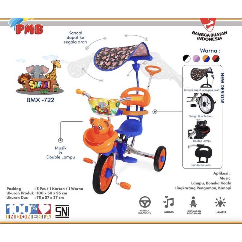 Sepeda Roda Tiga Anak BMX Tricycle PMB 722 Sandaran Stick Musik Kanopi