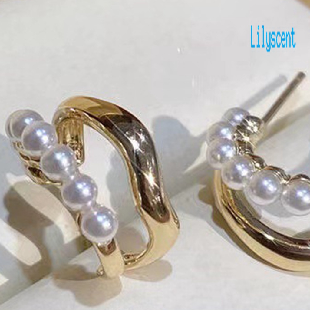 Ls 1 Pasang Anting Hoop Mutiara Imitasi Dua Lapis Gaya Korea Untuk Pesta Pernikahan