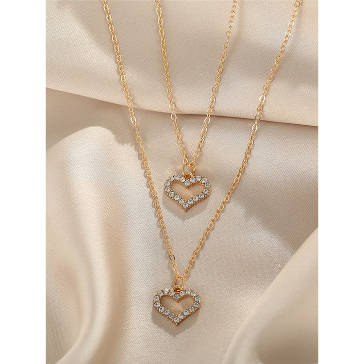 Kalung Rantai Multilayer Bentuk Hati Geometris Warna Emas Perak Untuk Wanita