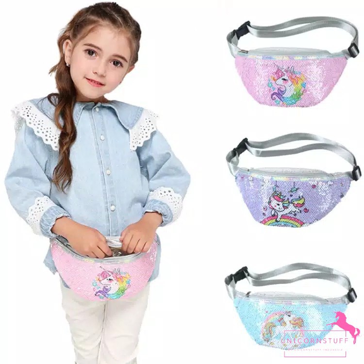 Waist Bag Sequin Unicorn Tas Dada Anak Selempang Bahan Bagus Pergi