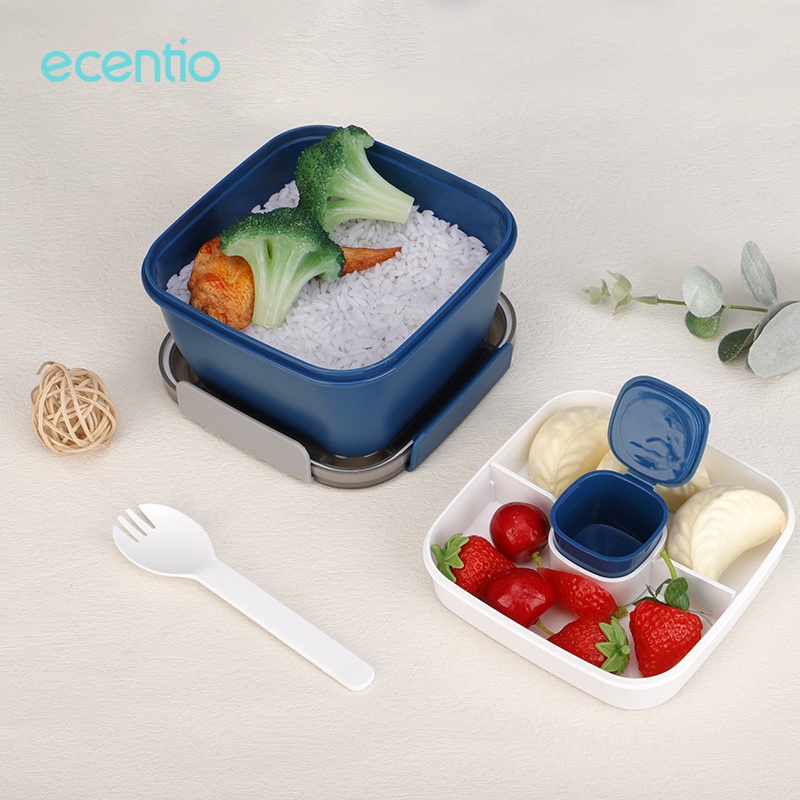 ecentio kotak makan set 1.1L tempat makan set free sendok wadah saus cangkir sup plastik anti tumpah dan tas bekal lunch bag