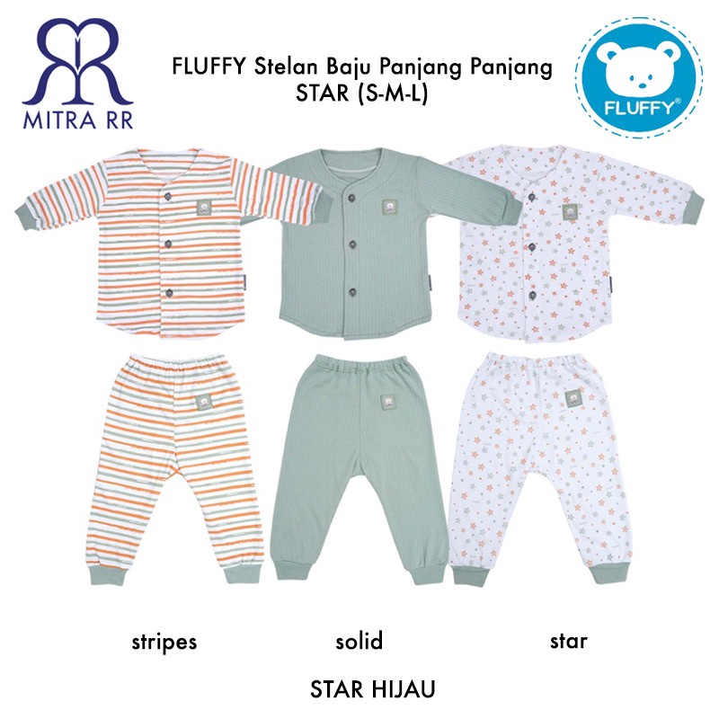 FLUFFY Stelan Baju Panjang Celana Panjang STAR S M L (3-12 bulan) Setelan Baju Tidur Anak Bayi 3 Pasang