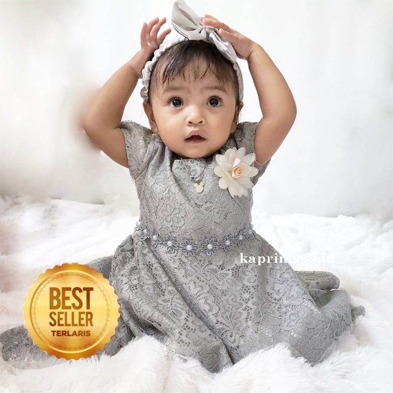 Dress Brukat Anak 1 Tahun Warna Abu Silver Gaun Bayi Perempuan Baju Anak Cewe Bahan Brokat Premium Warna Marun Aqiqah Gaun Baptis Putih KA90