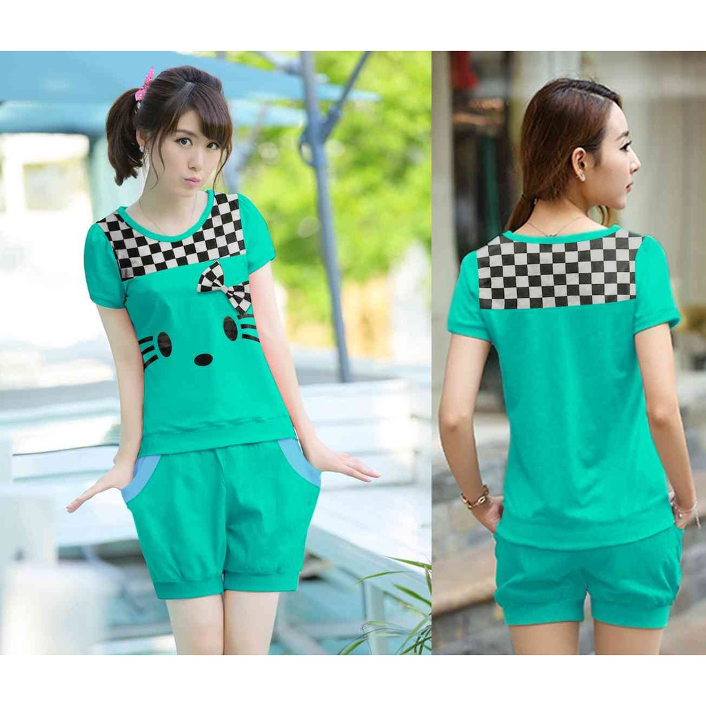 [Stelan Kitty Hijau Tosca LO] setelan wanita spandex hijau tosca