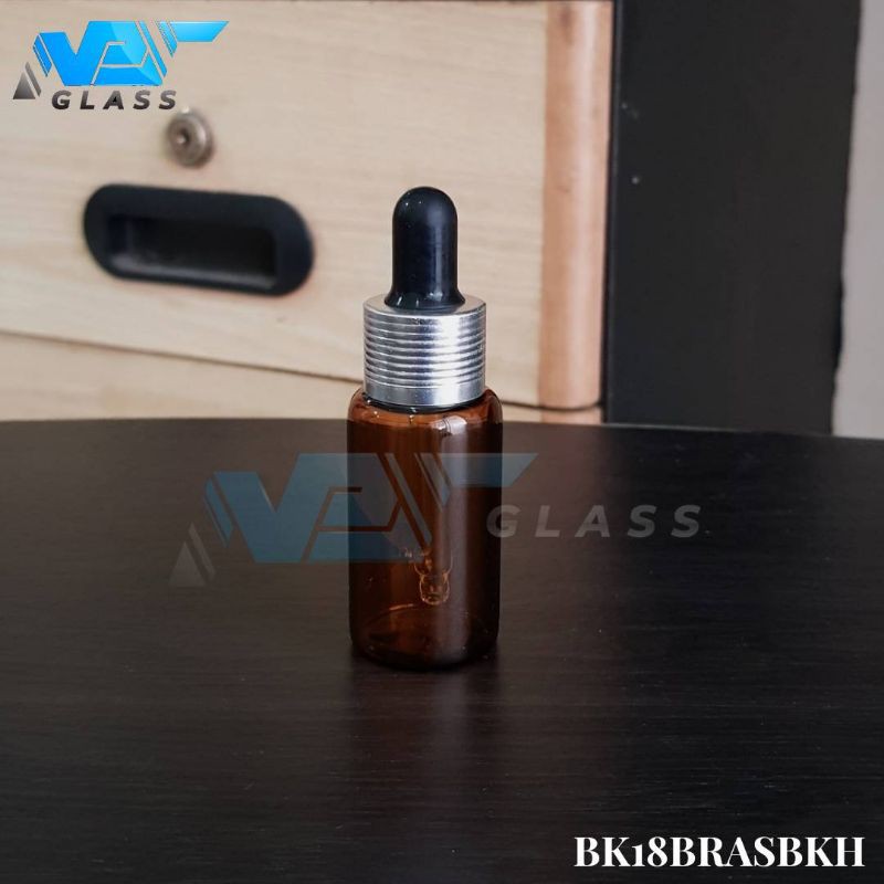 botol kaca pipet 18ml coklat / amber - ring almunium silver bergaris