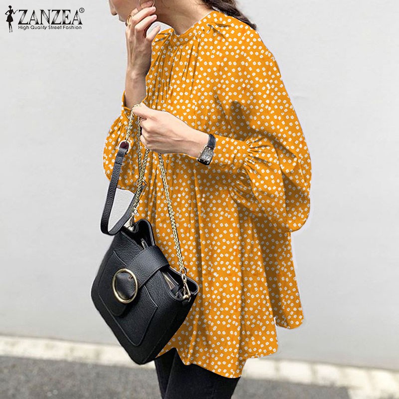 ZANZEA Women Casual Vintage Collar Printed Puff Sleeve Blouse