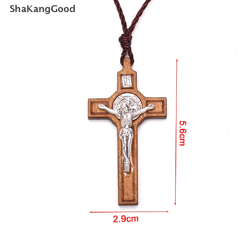 Kalung Liontin Salib Yesus Bahan Kayu Metal Gaya Retro Untuk Hadiah