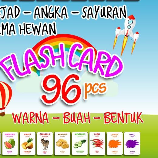 ✹ FlashCard 96 Kartu Edukasi - Huruf, Angka, Hewan, Warna Buah, Sayur 2 Bahasa Indonesia dan Inggris