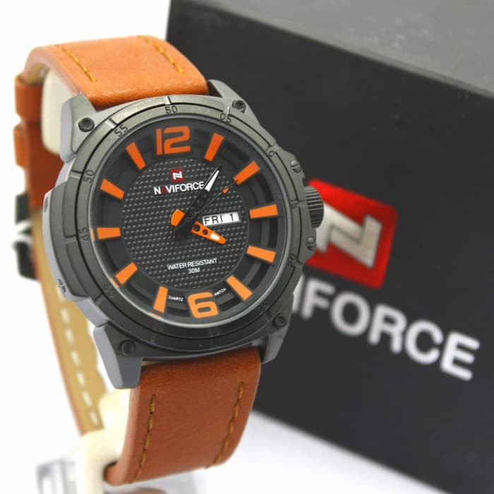 Jam Tangan Pria / Cowok Naviforce Nf9066M Original Leather Light Brown