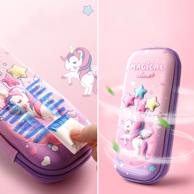 Kotak Pensil Tiga Lapis Motif Unicorn 3D Bahan EVA Kapasitas Besar Untuk Anak Sekolah