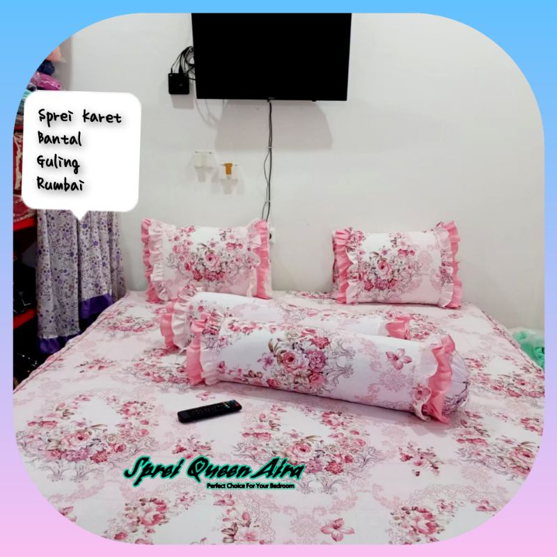 Sprei Antoinette Pink Katun Star Sarung Bantal Guling Rumbai