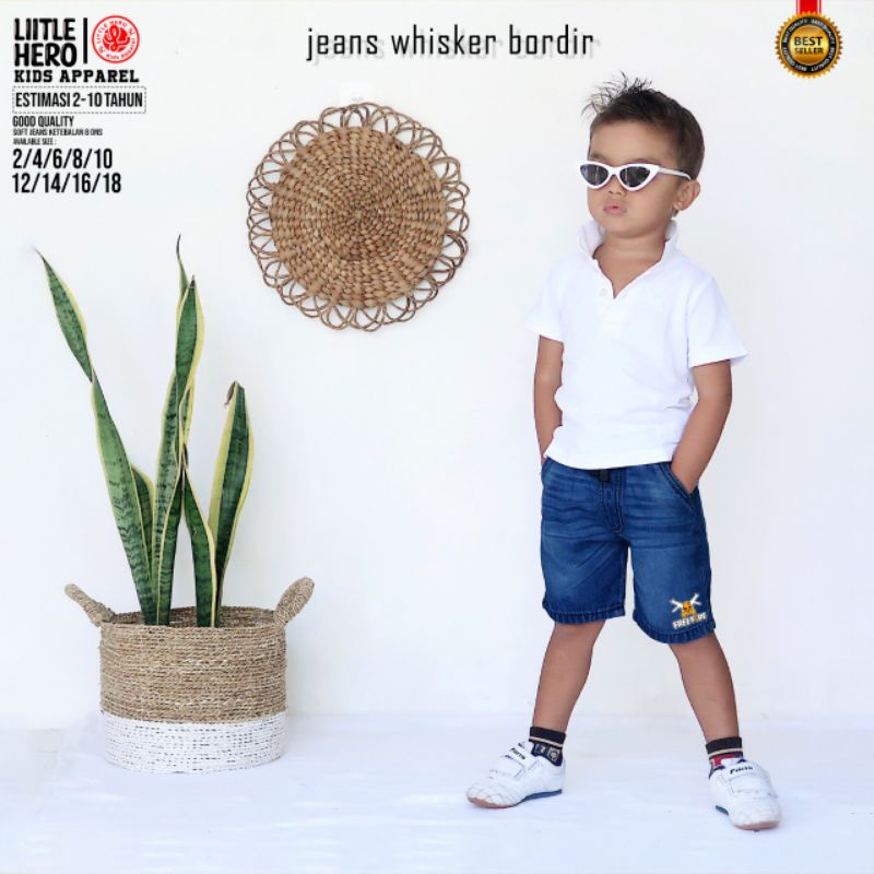 Celana Jeans Anak Whisker Bordir FF Bordir 2-7 Tahun Celana Jeans Pendek Bordir FreeFire by Little Hero