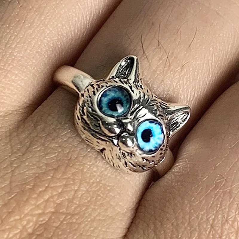 Cincin Model Terbuka Dapat Disesuaikan Desain Hewan Mata Kucing Warna Biru Gaya Vintage Untuk Wanita