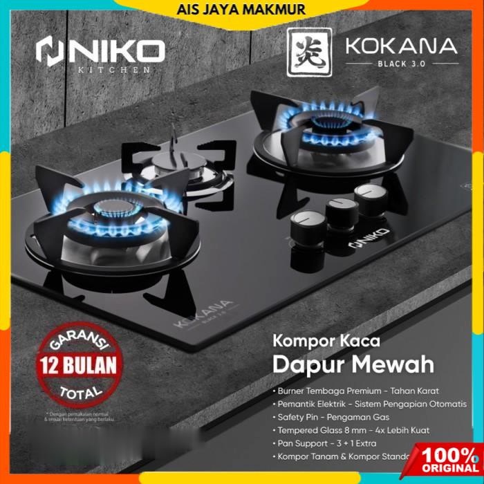 Kompor NIKO KOKANA Kaca 3 Tungku Gas Tanam Kokana Black 3.0 Niko SNI