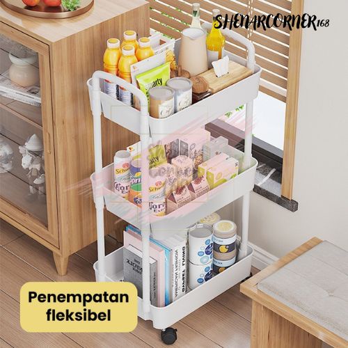 SHENAR RAK TROLI SALON 3 SUSUN PLASTIK / RAK DAPUR KAMAR TIDUR MANDI / TROLI SUSUN SERBAGUNA / TROLI TEMPAT BUMBU DAPUR / KERANJANG DORONG PLASTIK SERBAGUNA - HANA TROLLEY 3 LAYER, SHENARCORNER168