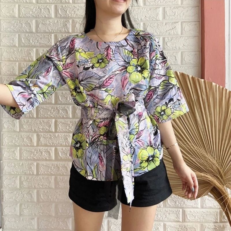 RIBBON BOW TIED TOP BLOUSE WANITA BLACKOUT DELIGHTLINE - MOTIF SAKURA FLOWER - LENGAN PANJANG 7/8-3