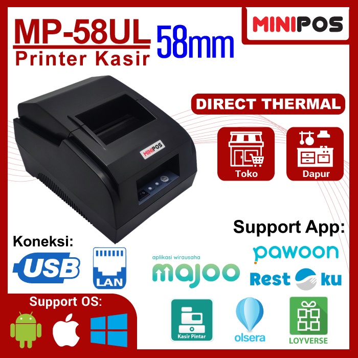 Printer Thermal MINIPOS MP-58UL 58mm USB+LAN Struk Antrian Dapur Murah