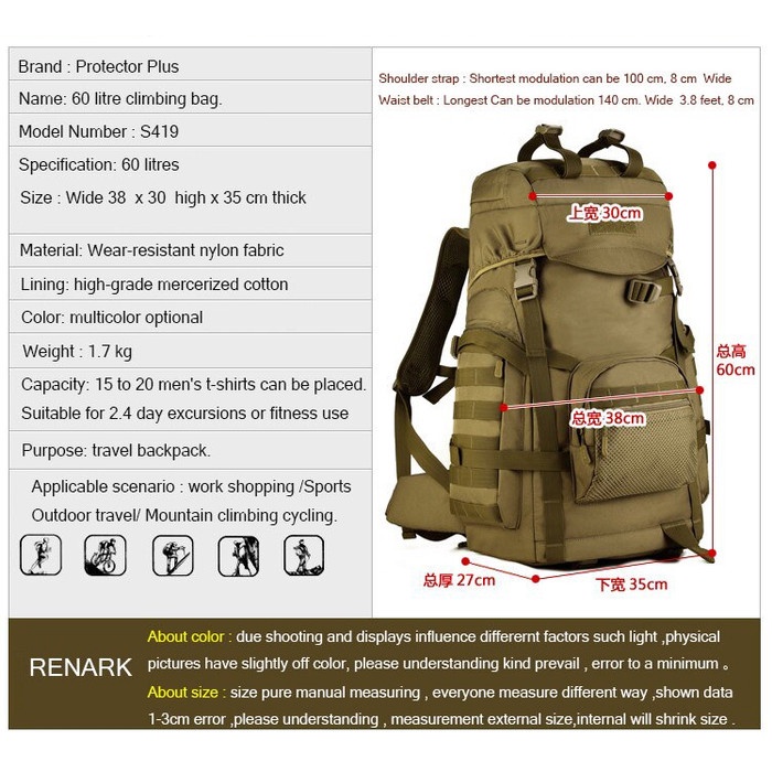 Tas ransel 60L Kapasitas Besar Militer Ransel Taktis Backpack