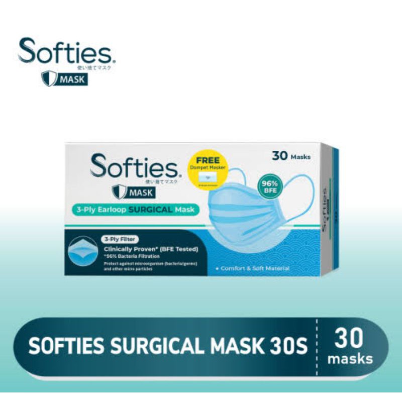 MASKER SOFTIES MEDIS SURGICAL ISI 30 PCS / SOFTIES SURGICAL MASK/ MASKER SOFTIES POLOS BIRU
