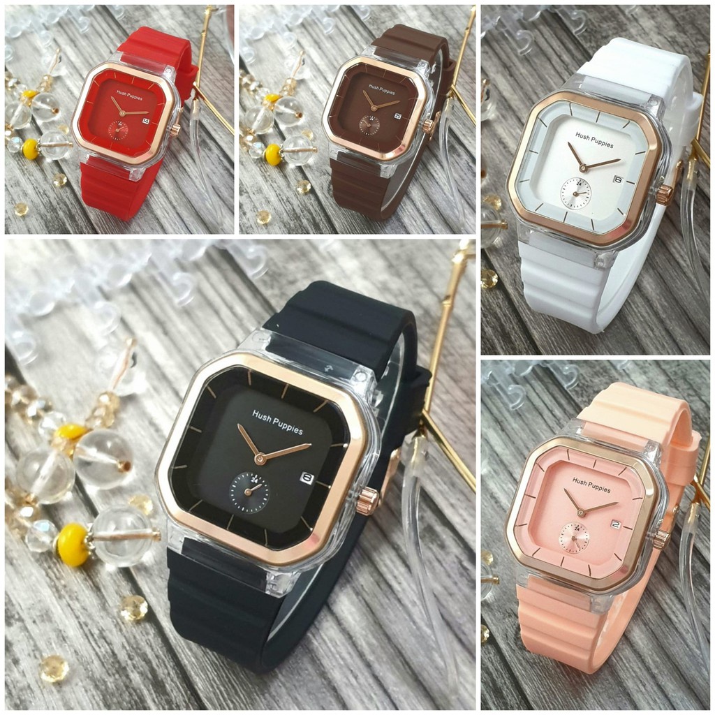 [✅COD] Jam Tangan Wanita Cewek Hush Puppies Sergi Jarum Strap Rubber Tanggal Aktif