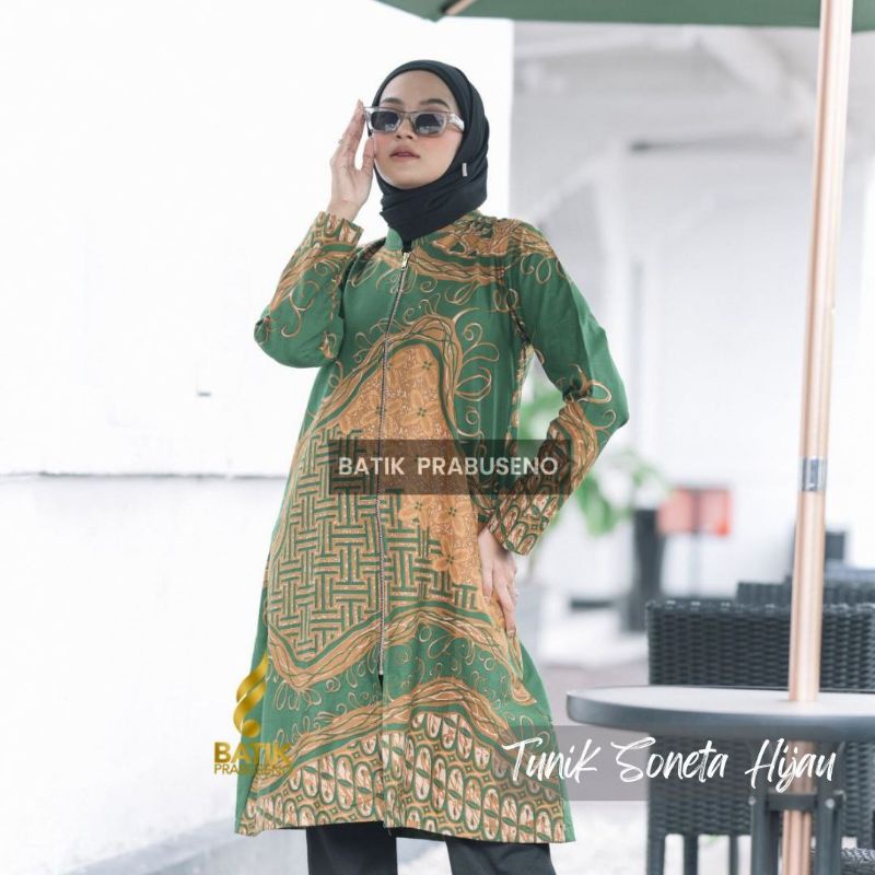 Batik Prabuseno Soneta Hijau Baju Atasan Wanita Tunik Busui Lapis Trikot Seragam Kantor Premium