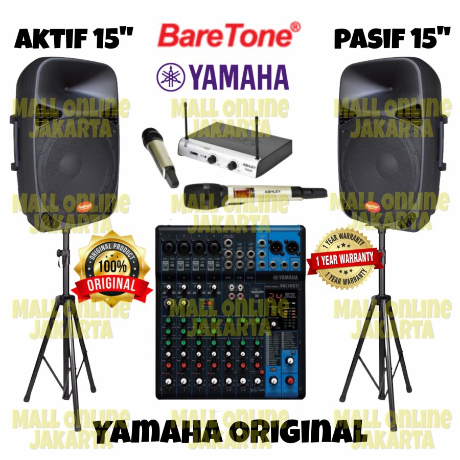 Paket Speaker aktif pasif baretone 15 inch mixer yamaha original