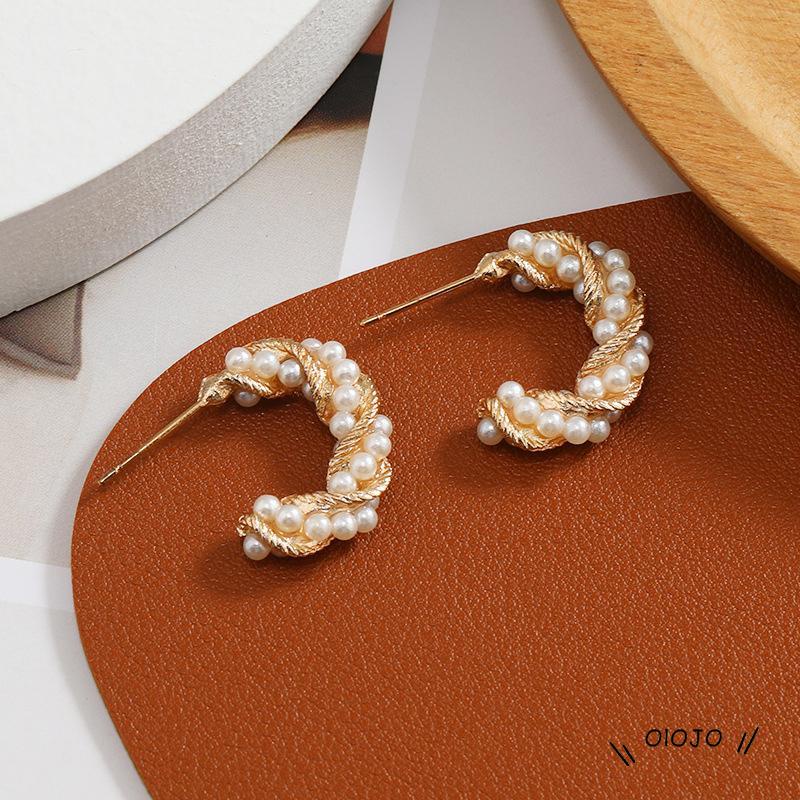 Anting Bentuk C Spiral Aksen Mutiara Untuk Fashion