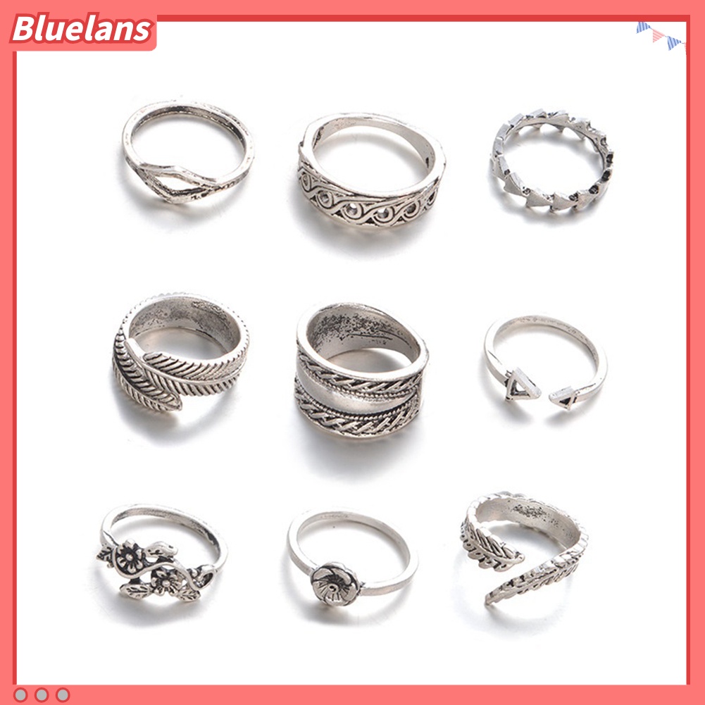 Bluelans 9 Pcs Vintage Women Hollow Carving Flower Leaves Open Band Knuckle Ring Set