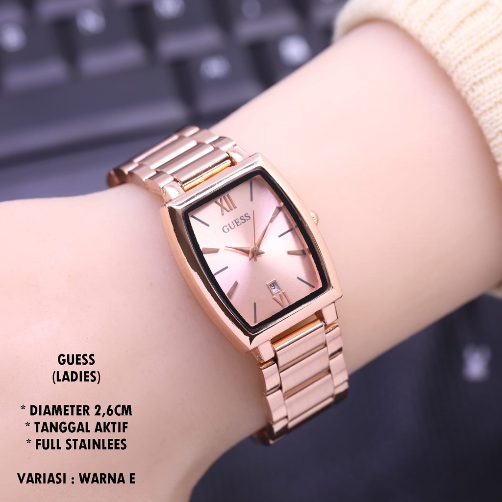 (BISA COD) JAM TANGAN WANITA GUESS RANTAI BODY OVAL BALOK TANGGAL AKTIF