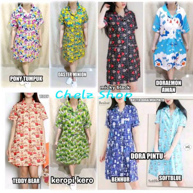 Baju Tidur Daster Wanita/Cewek Katun Karakter Daster BlackCat/Doraemon/Bee Lebah/Keroppi/Teddy bear