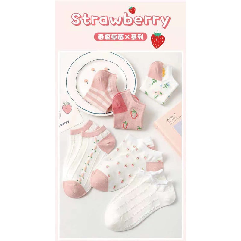 ~ PIYOSHI08 ~ Kaos Kaki Wanita Motif Strawberry Lucu Fashion Korea AF131