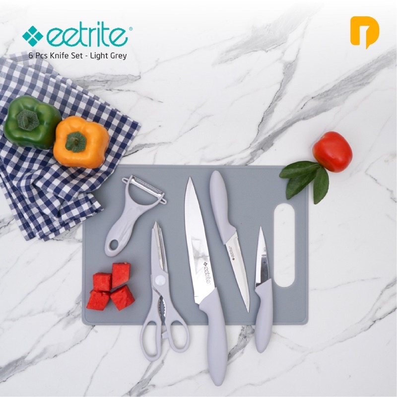 Pisau Dapur Set Stainless Steel Premium Dengan Talenan+Peeler Warna Pastel Abu Peach