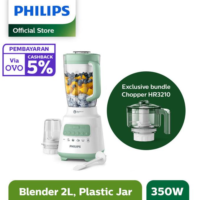 Philips Blender Plastik 2L HR2221/30 Hijau + Chopper HR3210/55 -Alat Dapur