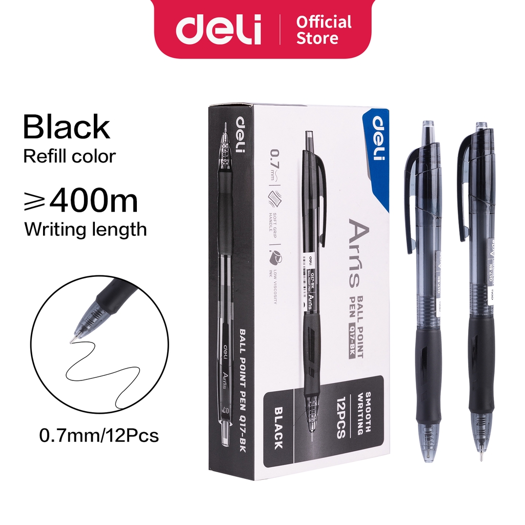 

Deli Retractable Ballpoint Pulpen Cetek Tip 0.7 mm Warna Hitam Biru EQ17-BK EQ17-BL