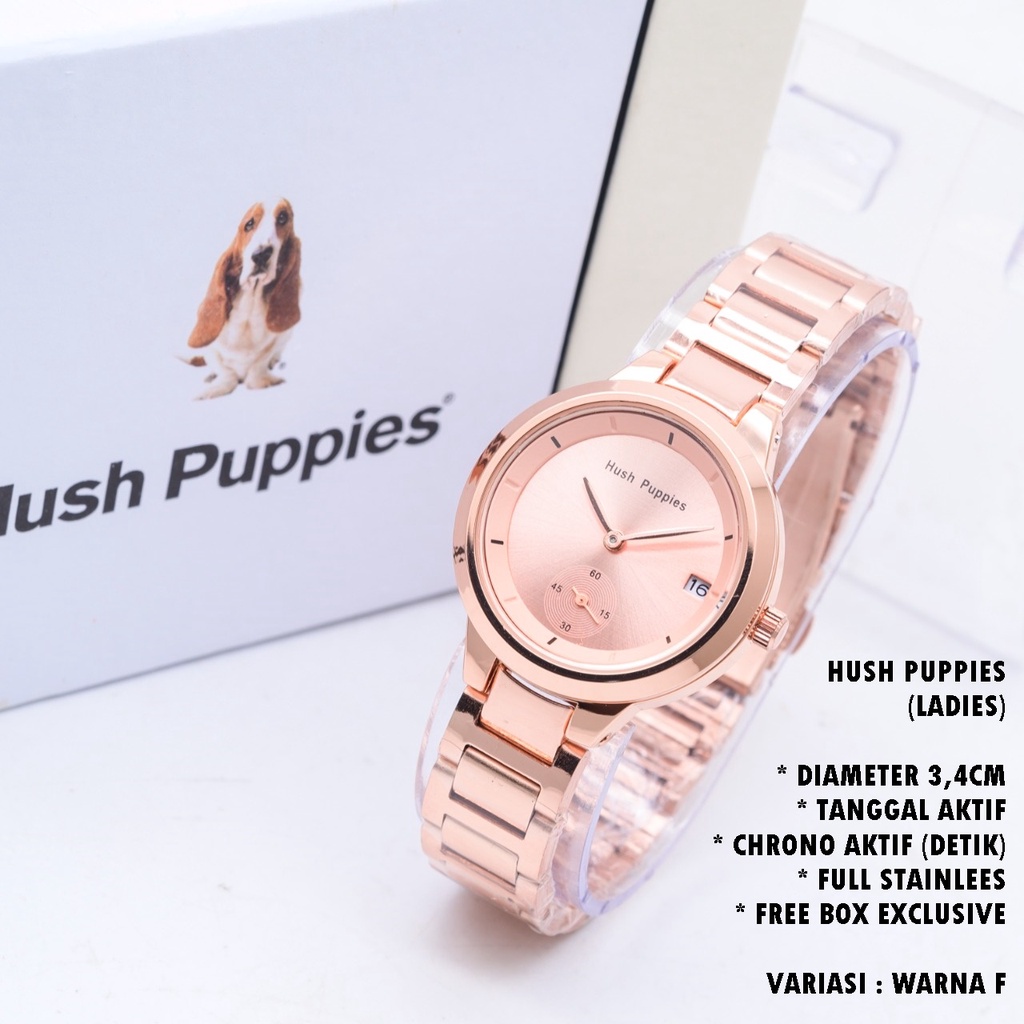 (FREE BOX) JAM TANGAN WANITA HUSH PUPPIES RANTAI BODY BULAT TANGGAL &amp; CHRONO AKTIF